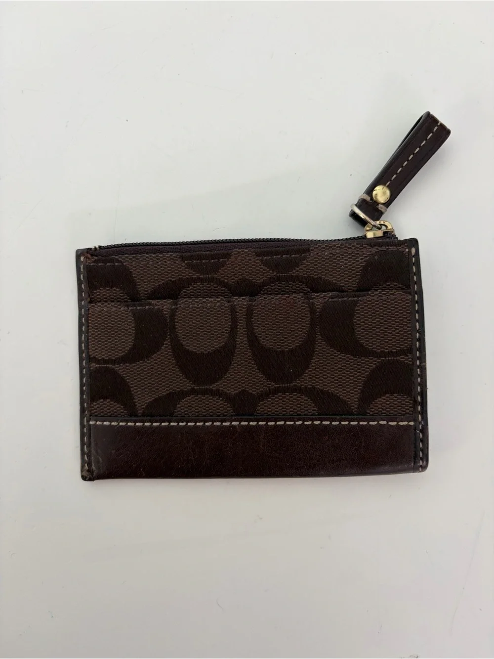 Coach Signature Jacquard Brown Leather Zip Keychain Coin Purse Card Case